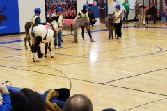 People riding horses indoors on gymnasium floor — donkey basketball fundraiser January 2020