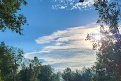 Blue sky with cumulus clouds over landscape — County Road 11 wildland fire 2023