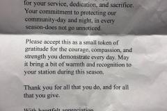 Printed thank-you card text — grateful community member